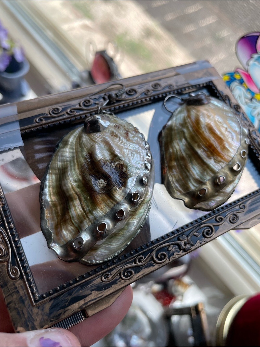 Vintage Iridescent abalone sea shell 2 inch earrings